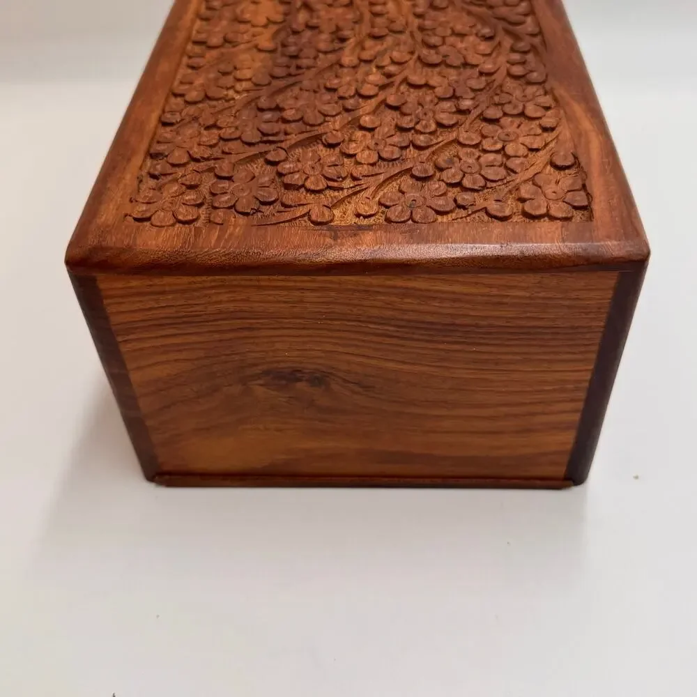 Carved Wood Floral Keepsake Box Sliding Lid Jewelry Trinket Storage 7.25 Inch